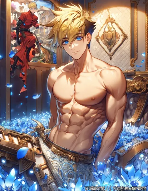 absurdres, highres, ultra detailed, HDR, master piece, Vash Stampede, spiked blonde hair, expressive blue eyes, bare chest, toned chest, Trigun, sexy man, room, handsome, best quality, flowers, fantasy, magical, solo, blue shining fireflies, blue petals, h...