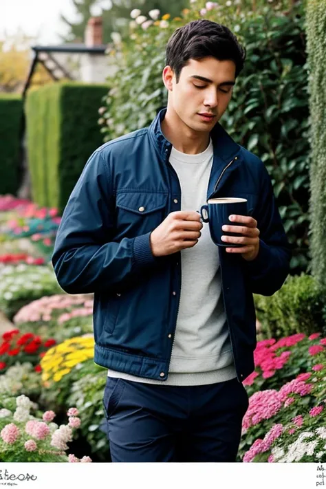 Draw a man who is wearing a blue jacket with black shorts carrying a cup of tea, wondering at the garden where there is different flowers 