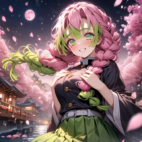 absurdres, highres, ultra detailed, HDR, master piece, best quality, extremely detailed, Kanroji Mitsuri, pink hair, expressive green eyes, mole under the eyes, Kimetsu No Yaiba, solo, woman, beautiful, smile, demon slayer uniform, snowing the chest, green...