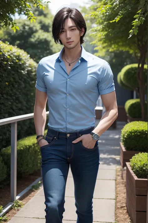 30 year old man and 1,87m tall in a Blue Dress Shirt and Jeans and Black Boots and a watch on his wristband and his hair is short and straight and he is strong Garden scenery