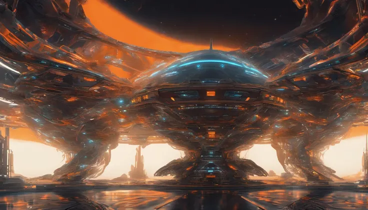 Sci-fi starship embodies biomechanical design, complex and detailed against the stark contrast of space, intricate beams and panels reflect an orange and beige palette, enveloped in a blur and haze that adds a mysterious ambiance, features illuminated by s...