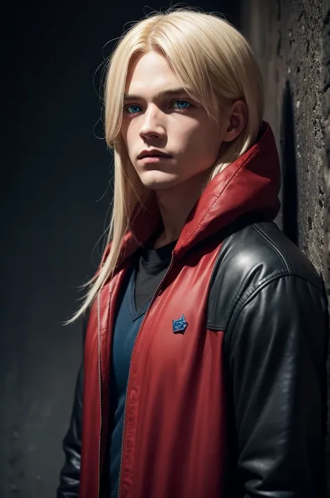 Red hood, blue eyes, blonde hair, dark eyes, dark background 