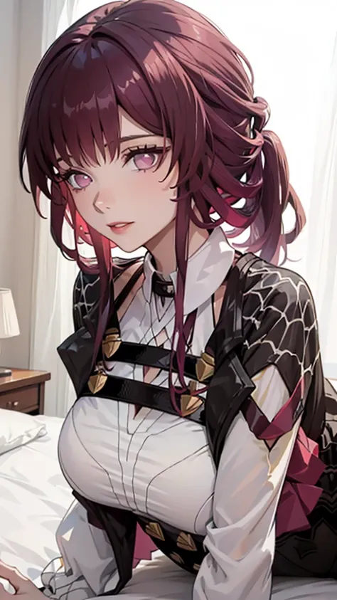 A woman kafka (dark red hairs , low ponytail) bangs , round sunglasses on head , white shirt , laying on bed (on stomach) , red colored room ,lying on bed big breasts, 