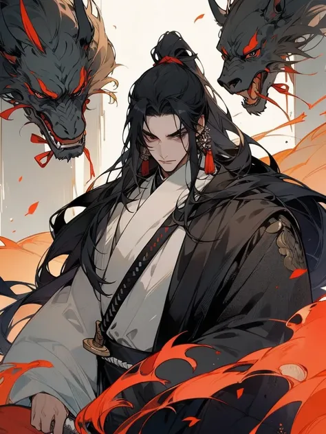 A man, long black hair tied into a ponytail, dark eyes, fair skin, thin body, ancient style clothing, black clothes, mask, long sword, assassin