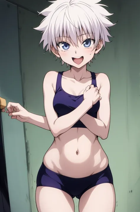 masterpiece, best quality, high quality, 1girl, solo, ,open mouth,tongue, looking at viewer, , killua_zoldyck, sports bra,bike shorts,small breasts,cowboy shot,sliver hair,(trembling:1.3),smile