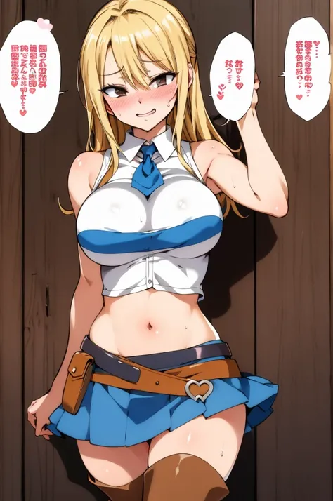 masterpiece, best quality, highres, lucy heartfilia, blonde hair, long hair, large breasts, white shirt, sleeveless, belt, blue skirt, cowboy shot, navel,sweating,blush,thigh boots