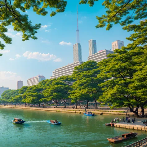 A picture of Han River Seoul with high building  Blue sky anime like . Beautify tree .Modern feels