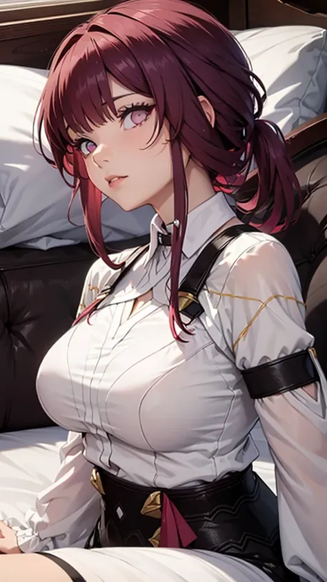 A woman kafka (dark red hairs , low ponytail) bangs , round sunglasses on head , white shirt , laying on bed (on stomach)  ,lying on bed big breasts, wet clothes , dominate 