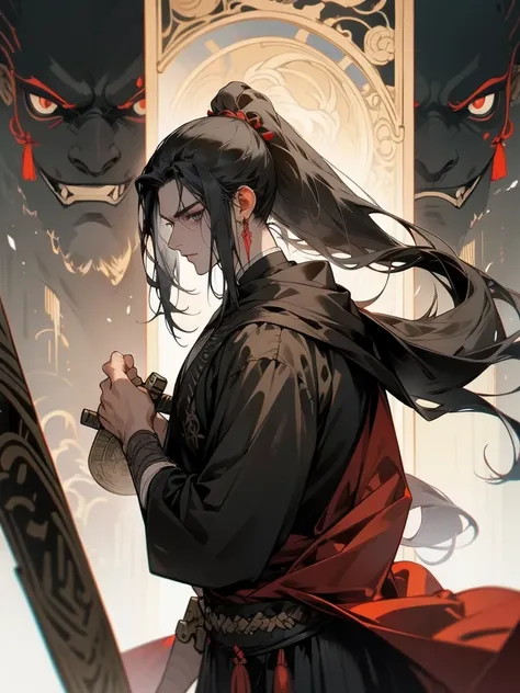 A man, long black hair tied into a ponytail, dark eyes, fair skin, thin body, ancient style clothing, black clothes, Veil, long sword, assassin