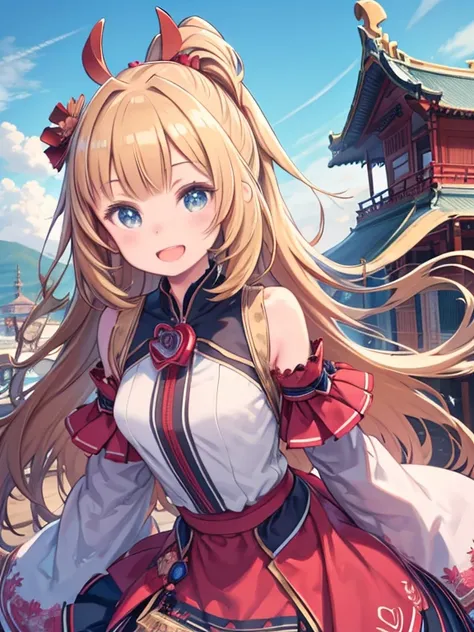 figure, Tabletop, Highest quality, anime, Highly detailed face, Highly detailed eyes, Highly detailed background, Perfect lighting, One Girl, alone,Akai Heart, Are standing, Upper Body, smile, Open your mouth, Outdoor, Day, blue sky, Sky Porn, Temple, View...