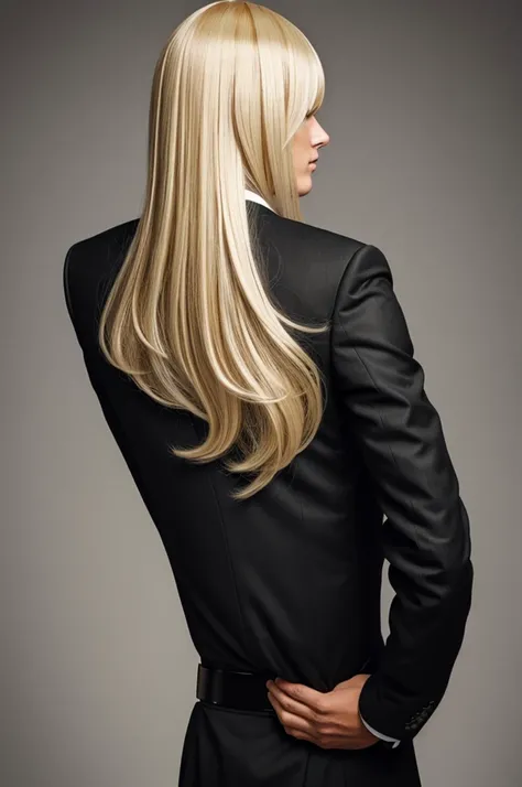 Draw a picture of a person dressed in a black suit and with blonde hair that looks like a wig., but that he is on his back looking forward 