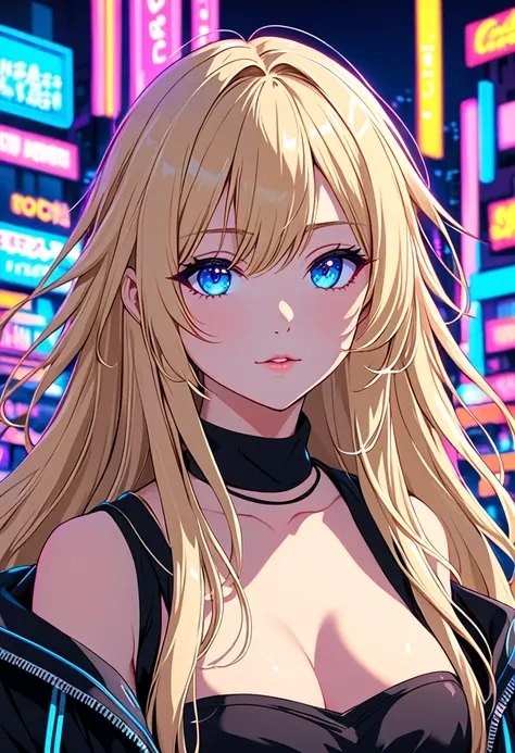 Anime young woman, blonde hair, fringe reparted in three parts, long and waivy hair, light and bright blue eyes, black simple and cute clothes, volumous chest, neon city background, neon lighting