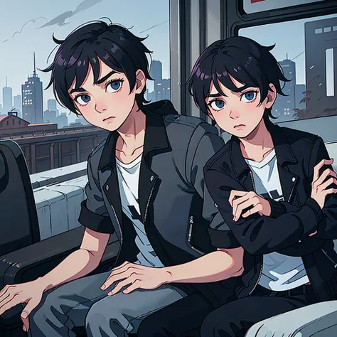 
A 19-year-old boy with black hair and blue eyes is sitting on a moving train. He wears a black leather jacket, a white shirt and cargo pants. The train window shows a gray city whizzing by. Create an image focusing on the boys face, conveying a feeling of...