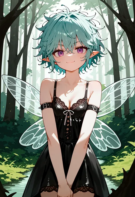 score_9, score_8_up, score_7_up, best quality, masterpiece, source_anime, anatomically correct, 1girl, short dress, messy hair, leather dress, spiked jewelry, lingerie, fairy wings, cyan hair, short hair, messy bangs, beautiful face, detailed eyes, narrowe...