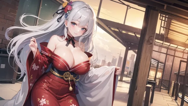 (((masterpiece, best quality))), (((superior quality))), cute girl, ((extremely detailed girl)), ((huge breasts)), yukata, bare shoulders, strapless top, long silver hair, happy