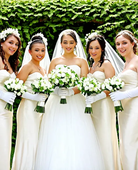 5 brides in veils and garlands with white gloves