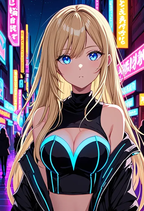 Anime girl, blonde hair, fringe reparted in three parts, long and waivy hair, light and bright blue eyes, black simple and cute clothes, volumous chest, neon city background, neon lighting