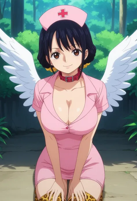 score_9, score_8_up, score_7_up, best quality, masterpiece, source_anime, anime screencap, one_piece_wano_style, clear face, 1girl, solo, black hair, short hair, White diadem on her head, brown eyes, large breasts,White wings on her back, nurse pink dress ...