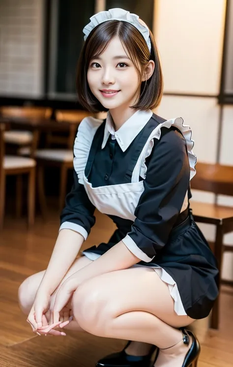 (An intellectual lady with a light-colored maid outfit, reading a book, squatting with grace at a maid-theme cafe, friendly body lanugage, kind smile, positive vibes, full body shot, bokeh background, wearing red high heels, short bob hair, squatting pose,...