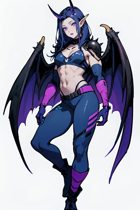 1. Light skinned woman 2. Long spiky navy blue hair/dark 3. lips painted blue and purple 4. Purple eyes 5. Attractive clothing with technological implants whose predominant colors are Blue and Purple (Example Alita from Battle Angel) 6. wears dark blue boo...