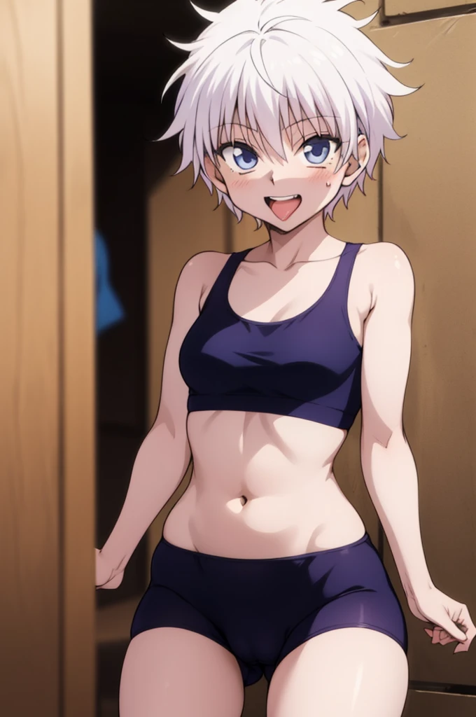 masterpiece, best quality, high quality, 1girl, solo, ,open mouth,tongue, looking at viewer, , killua_zoldyck, sports bra,bike shorts,small breasts,cowboy shot,sliver hair,(trembling:1.3),smile,cameltoe,blush