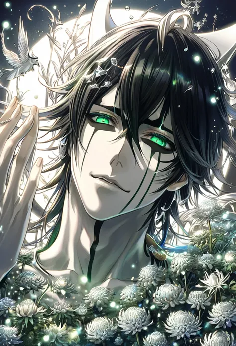 absurdres, highres, ultra detailed, HDR, master piece, best quality, extremely detailed, Ulquiorra Cifer, black hair, expressive green eyes, Bleach, solo, sexy man, handsome, smile, pale skin, arrancar white clothes, fantasy, water, sparkling, silver glitt...