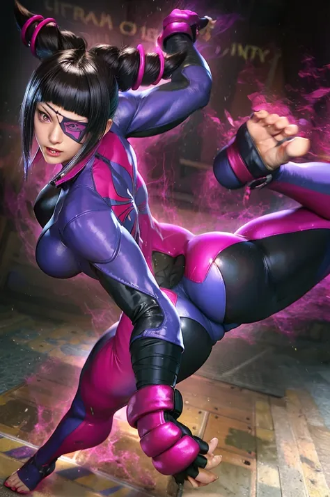 a close up of a woman in a purple and black outfit, juri han from street fighter, juri misaki, fighting game character, extremel...