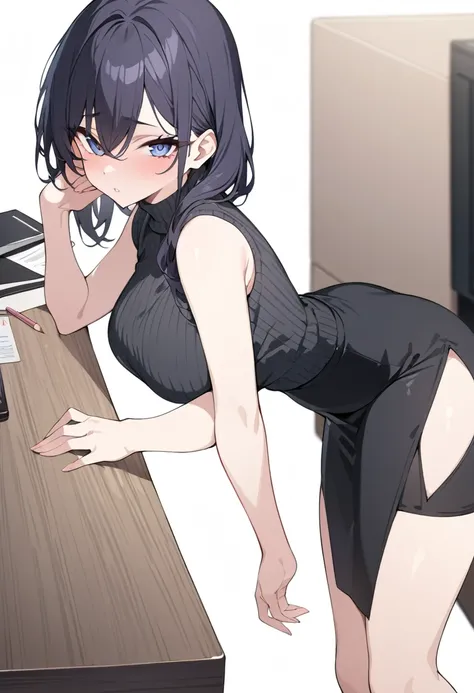 (((masterpiece))),(((High resolution)))、Beautiful office lady wearing black sleeveless sweater and pencil skirt, Looking at the camera, ((Top quality eyes)), Detailed face, ((Detailed Texture)), hentai, white background 
