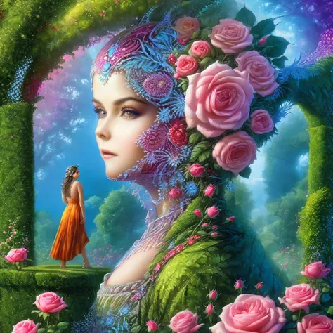 77×412÷π÷2, a beautiful woman is walking in a garden of roses,fractal  , deep wiew,photographic,ultra high resolution,hyperdetai...