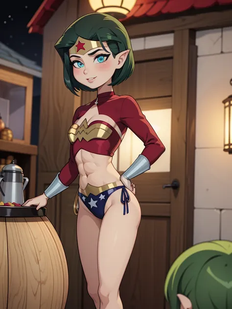 goblin 1girl, wonder woman, breasts, standing, ((small breast)), solo, (abs), ((green hair)), short hair, green eyes,, big breas...