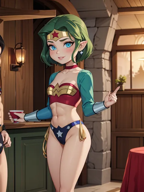 goblin 1girl, wonder woman, breasts, standing, ((small breast)), solo, (abs), ((green hair)), short hair, green eyes,, big breas...