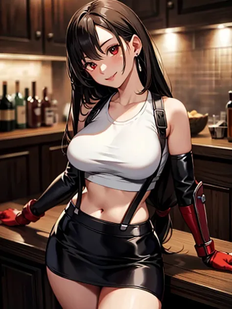 masterpiece, ultra quality, high quality, beautiful detailed glow,film Reflection, 
masterpiece, best quality, 1girl defTifa, red eyes, low-tied long hair, earrings, white crop top, suspenders, black miniskirt, pencil skirt, arm warmers, black elbow gloves...