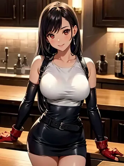 masterpiece, ultra quality, high quality, beautiful detailed glow,film Reflection, 
masterpiece, best quality, 1girl defTifa, red eyes, low-tied long hair, earrings, white crop top, suspenders, black miniskirt, pencil skirt, arm warmers, black elbow gloves...