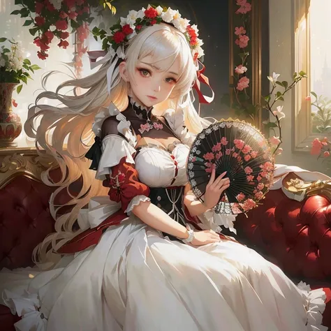 anime girl in white dress sitting on red couch holding a fan,  in dress, portrait of lolita, cushart krenz key art feminine, cute anime waifu in a nice dress, guweiz on pixiv artstation, splash art anime , guweiz on artstation pixiv, zerochan art, official...