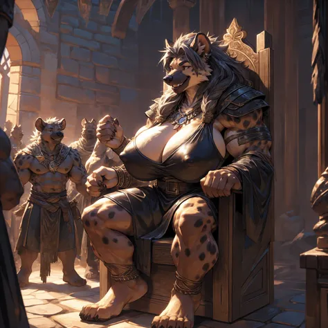 uploaded to e621.net, masterpiece, 8k, hyena woman, matriarch, female, beige fur, spots, gray hair, buff, muscular, barbarian queen, (leather clothing:1.3), wooden throne, wooden keep, primitive room, stone room, seated, casual posture, buff, muscular, mas...