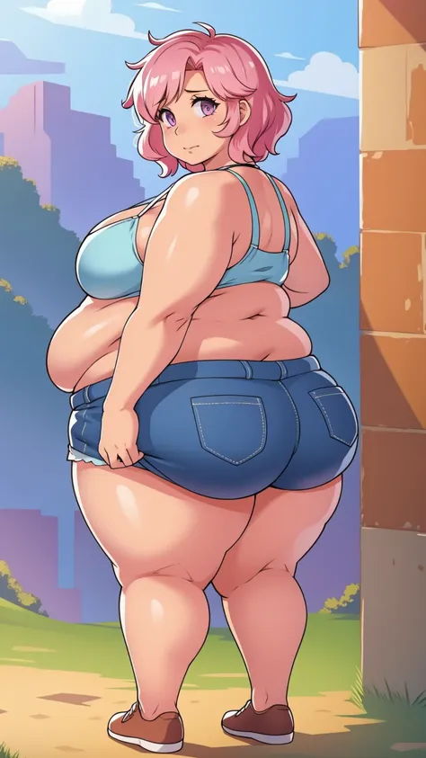 (morbidly obese:1.0)back turned, looking back at viewer,cute butt, sad, farm backround, full body, looking at viewer, 1girl, sol...