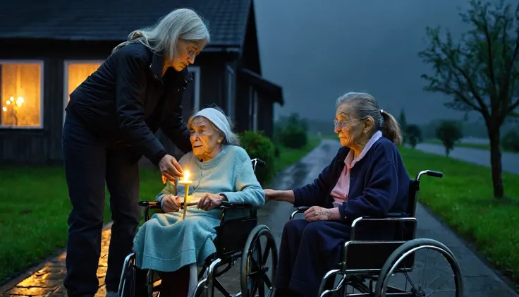 Daughter helping ugly old woman in wheelchair, dark weather, little candlelight