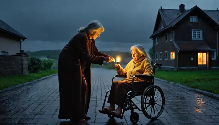 Daughter helping ugly old woman in wheelchair, dark weather, little candlelight