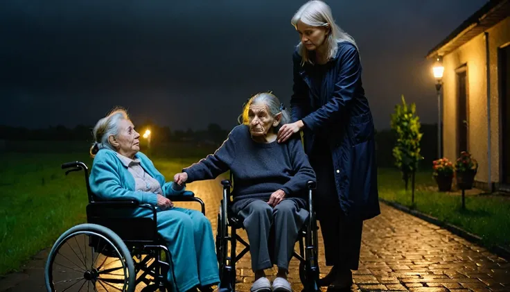 Daughter helping ugly old woman in wheelchair, dark weather, little candlelight