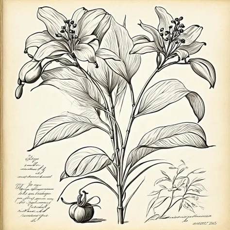 I want a drawing of a plant in the style of an old explanatory sketch, on a sheet of paper. The drawing must include all the elements of the plant: estate, Stems, leaves, flowers and fruits. It is important that the style is detailed and realistic, as if i...