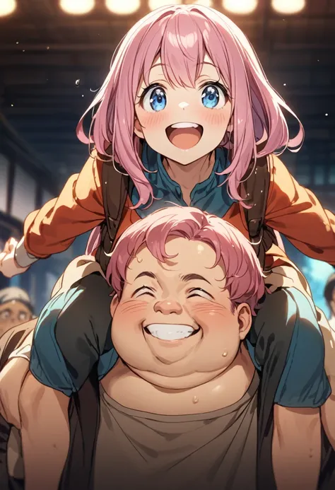 Piggyback ride、Fat middle-aged、Girl with pink hair、blue eyes、Twin Drill、smile、A scene from a movie