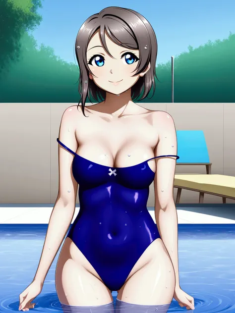 (Masterpiece), 8k wallpaper, solo, realistic art,Watanabe you, standing, facing viewer, outdoors, strap slip, see-through one-piece swimsuit,low cut at hips, blue eyes, beautiful detailed face and eyes, half body inside pool , looking away,wet, (shiny wate...