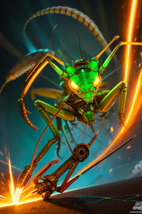 ((best quality)), ((masterpiece)), (detailed), A mechanical praying mantis with a glowing power supply on its back in the art style of magic The gathering plane of kaladesh