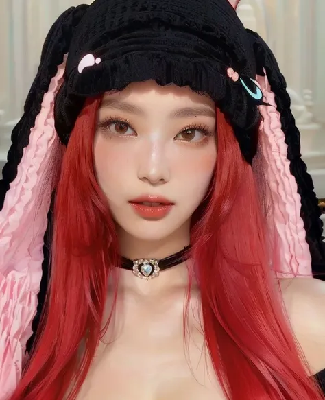 a close up of a woman with red hair wearing a black hat, belle delphine, red wig, with long floppy rabbit ears, pale red, with long red hair, ultrarealistic sweet bunny girl, pink and red color style, crimson red hair and red eyes, with red hair, with bunn...