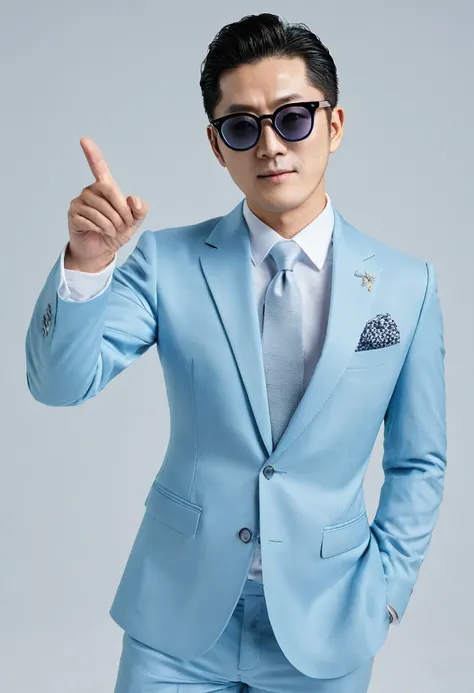 ((Highest quality)), 1 male, Wearing a light blue suit, Half of the body seen from above, He is pointing his finger、Japanese、Glasses、sunglasses、Ikeoyaji、