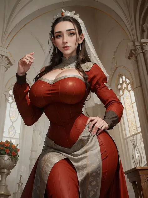 Beautiful and regal, imperious and aloof, busty athletic (thin) brunette queen with sharp facial features wearing a modest updo, dark red medieval dress, long sleeves, intricate patterns, scrollwork, wide neck, crown, veil, long dress, modest dress, tight ...