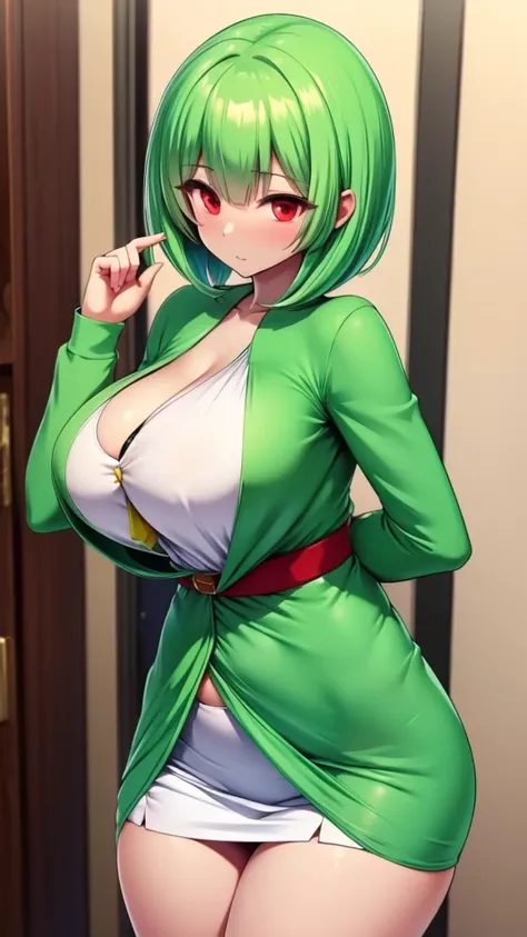  a tall girl big breast beautiful sensual beauty light green hair short cut her red eye dresses green top under long white shirt and a long green skirt cute dress 