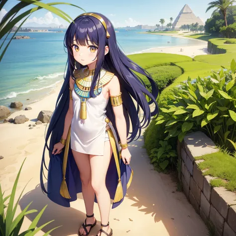 かわいいAncient Egyptの15歳の女の子、Ancient Egypt、View of the Nile、A colorful view of the whole、whole body、Low - Angle、Standing posture、Reeds are growing、Ancient Egyptの船、Ancient Egyptの風景