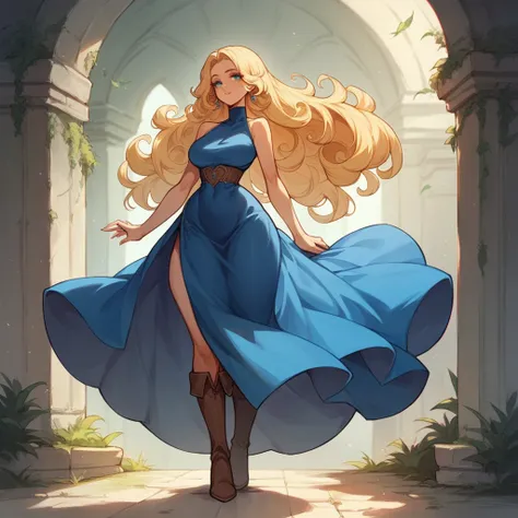 Beautiful woman 25 years old, not very high, long curly light blonde hair, Thin waist, big tits, well-shaped and large hips. in a sexy blue dress, long boots, It&#39;s on a street corner, evening, she holds a purse, a fat boy asks him some questions