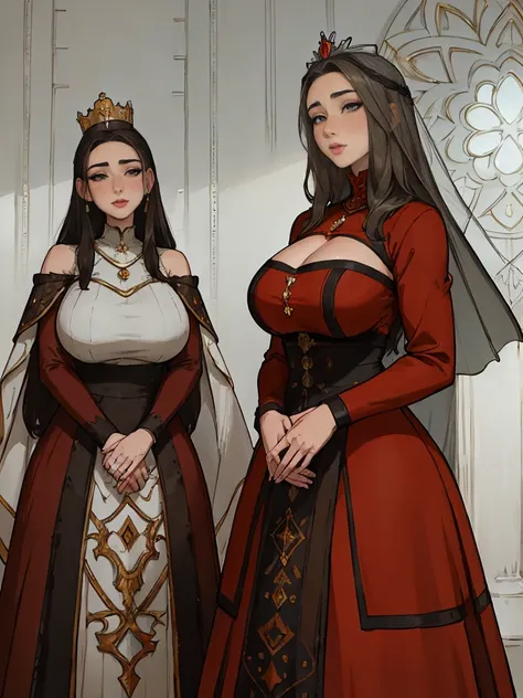 Beautiful and regal, imperious and aloof, busty athletic (thin) brunette queen with sharp facial features wearing a modest updo, dark red medieval dress, long sleeves, wide neck, crown, veil, long dress, modest dress, tight bodice, (silver waist chain), me...